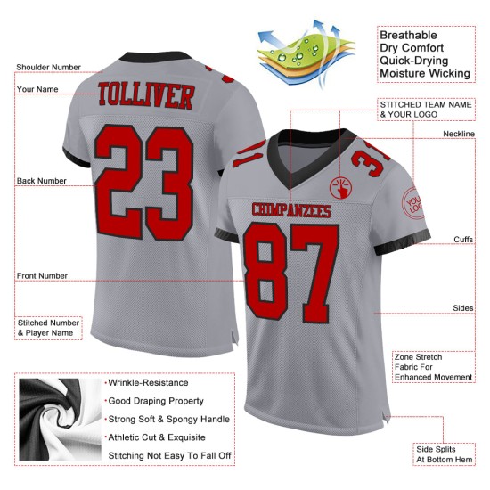 Authentiek voetbalshirt op maat gemaakt in mesh, grijs, rood en zwart Authentiek voetbalshirt op maat gemaakt in mesh, grijs, rood en zwart