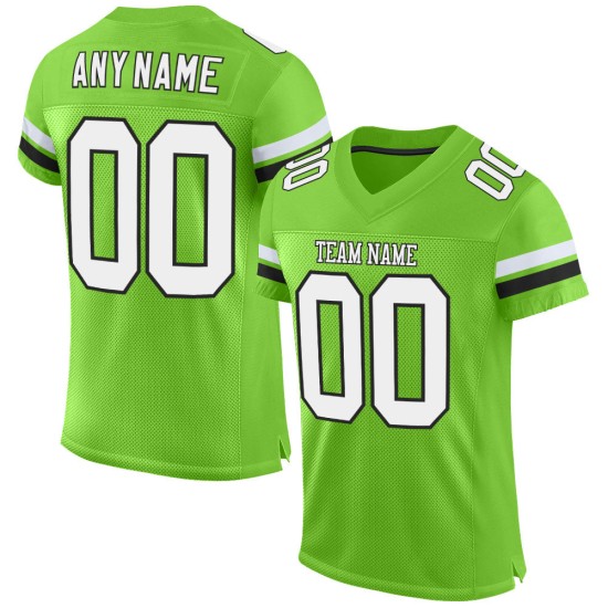 Aangepast groen voetbalshirt in wit-zwart authentiek neon mesh Aangepast groen voetbalshirt in wit-zwart authentiek neon mesh
