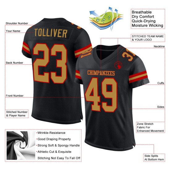 Jersey Goud-Rood Mesh Voetbal Authentiek Zwart Oud Aangepast Jersey Goud-Rood Mesh Voetbal Authentiek Zwart Oud Aangepast