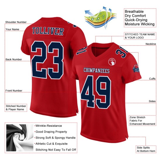 Jersey Football Marineblauw-Wit Mesh Rood Aangepast Authentiek Jersey Football Marineblauw-Wit Mesh Rood Aangepast Authentiek