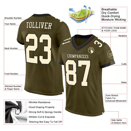 Salute Jersey Football Authentieke Mesh Naar Crème-Zwarte Aangepaste Olijf Service Salute Jersey Football Authentieke Mesh Naar Crème-Zwarte Aangepaste Olijf Service