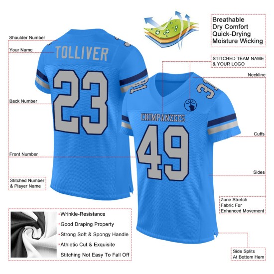 Poedergrijs-marineblauw aangepast voetbalshirt met mesh, authentiek blauw Poedergrijs-marineblauw aangepast voetbalshirt met mesh, authentiek blauw