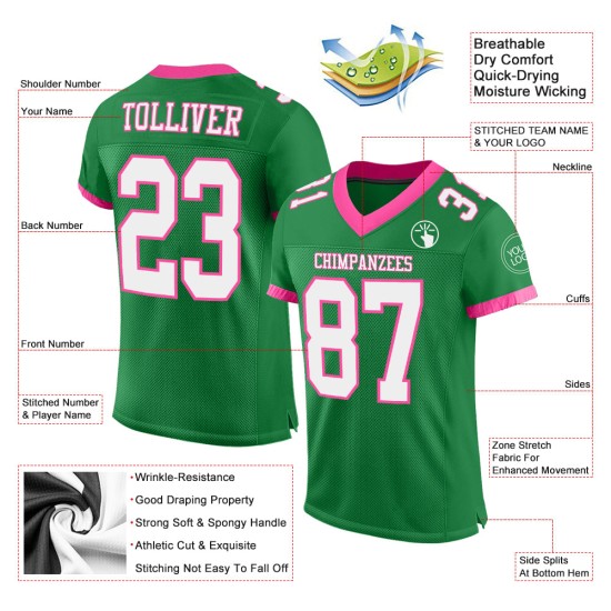 Groen Mesh Gras Jersey Wit-Roze Authentieke Voetbal Custom Groen Mesh Gras Jersey Wit-Roze Authentieke Voetbal Custom