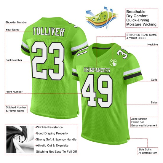 Aangepast groen voetbalshirt in wit-zwart authentiek neon mesh Aangepast groen voetbalshirt in wit-zwart authentiek neon mesh