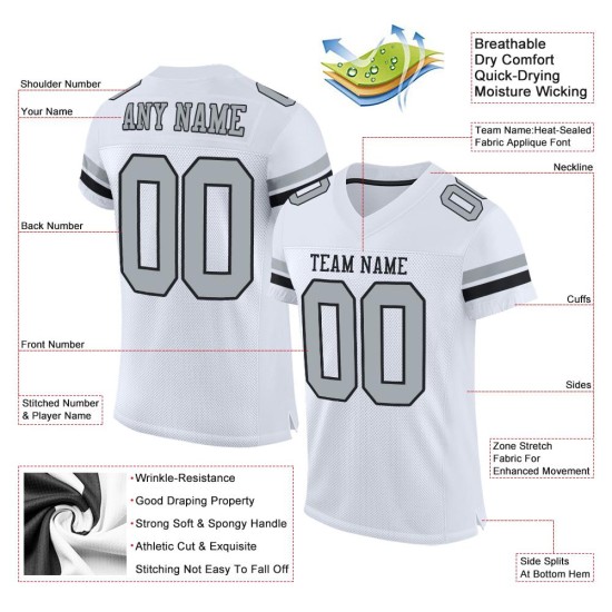 Jersey Football Mesh Authentiek Zilver-Zwart Wit Aangepast Jersey Football Mesh Authentiek Zilver-Zwart Wit Aangepast