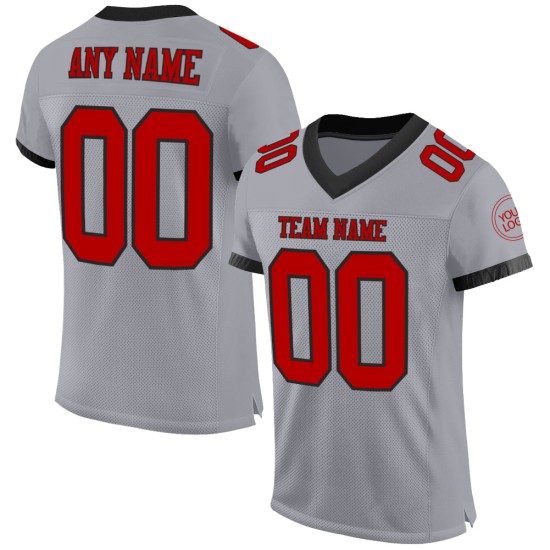 Authentiek voetbalshirt op maat gemaakt in mesh, grijs, rood en zwart Authentiek voetbalshirt op maat gemaakt in mesh, grijs, rood en zwart