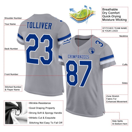 Jersey Lichtgrijs Authentiek Koninklijk-Wit Mesh Custom Football Jersey Lichtgrijs Authentiek Koninklijk-Wit Mesh Custom Football